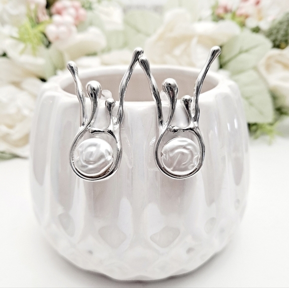 Silver Abstract statement earrings dangle Faux pearl metallic Modern 💖2/$30 - Picture 9 of 16